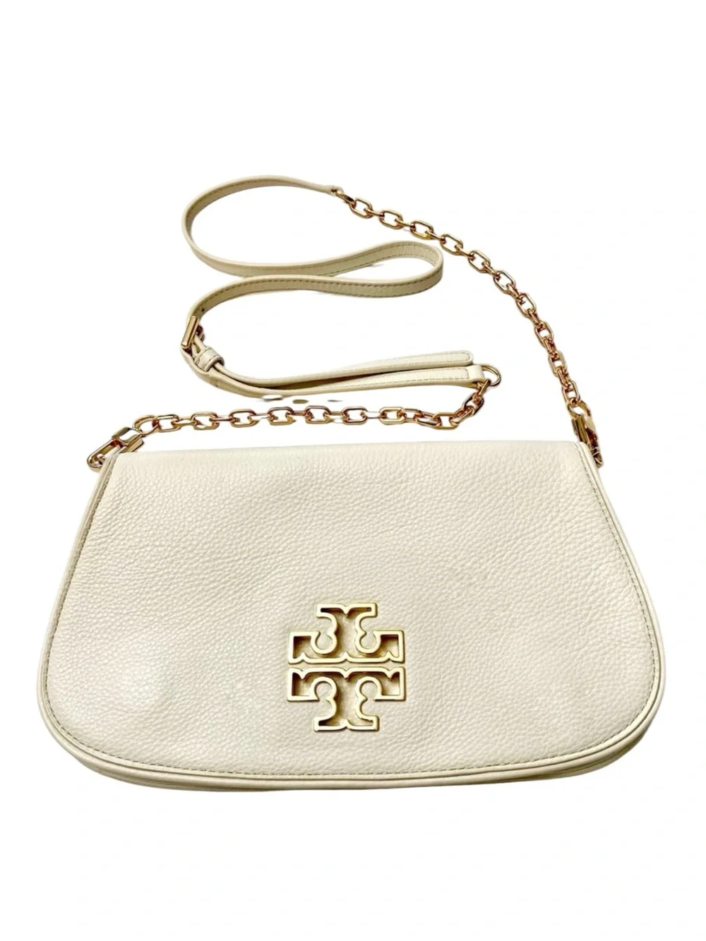 Tory Burch off white/lt Cream Pebbled Leather Crossbody with Gold Logo Chain